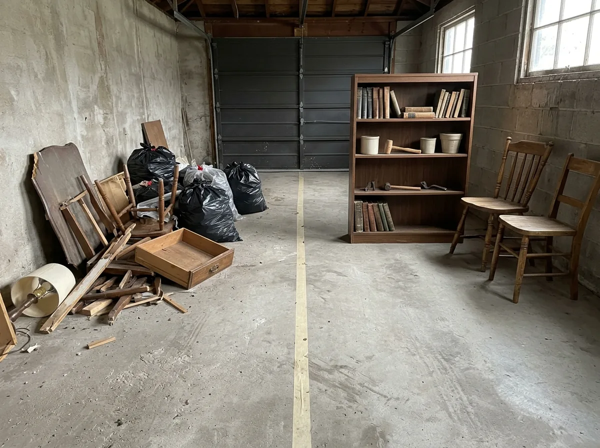 Garage floor split into two groups, a clean bookcase and chairs on one side and broken furniture and bagged trash on the other