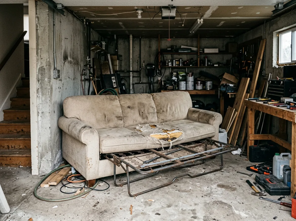 Stained beige sofa with a torn cushion and a sleeper sofa frame showing, set apart in a garage