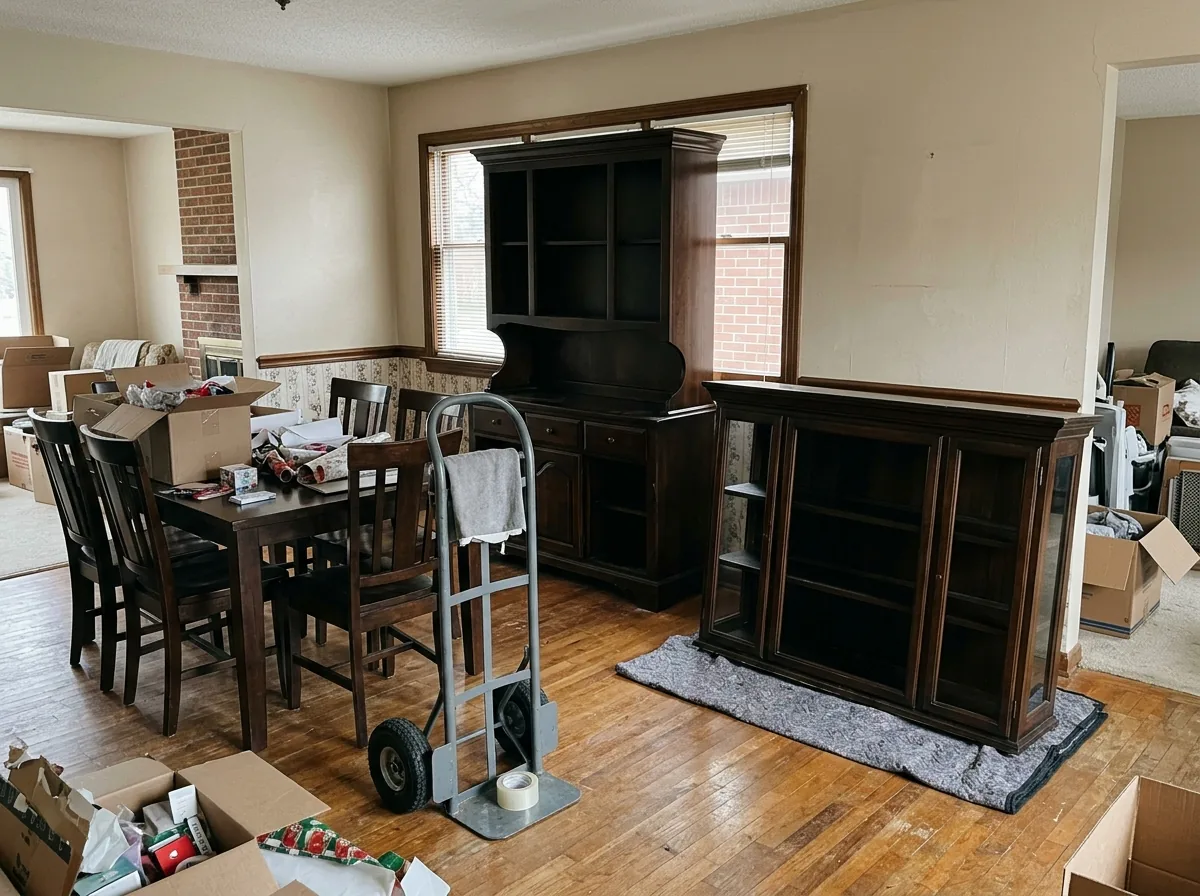 Dark wood dining table with six chairs and a two-piece china hutch with glass doors in a dated dining room