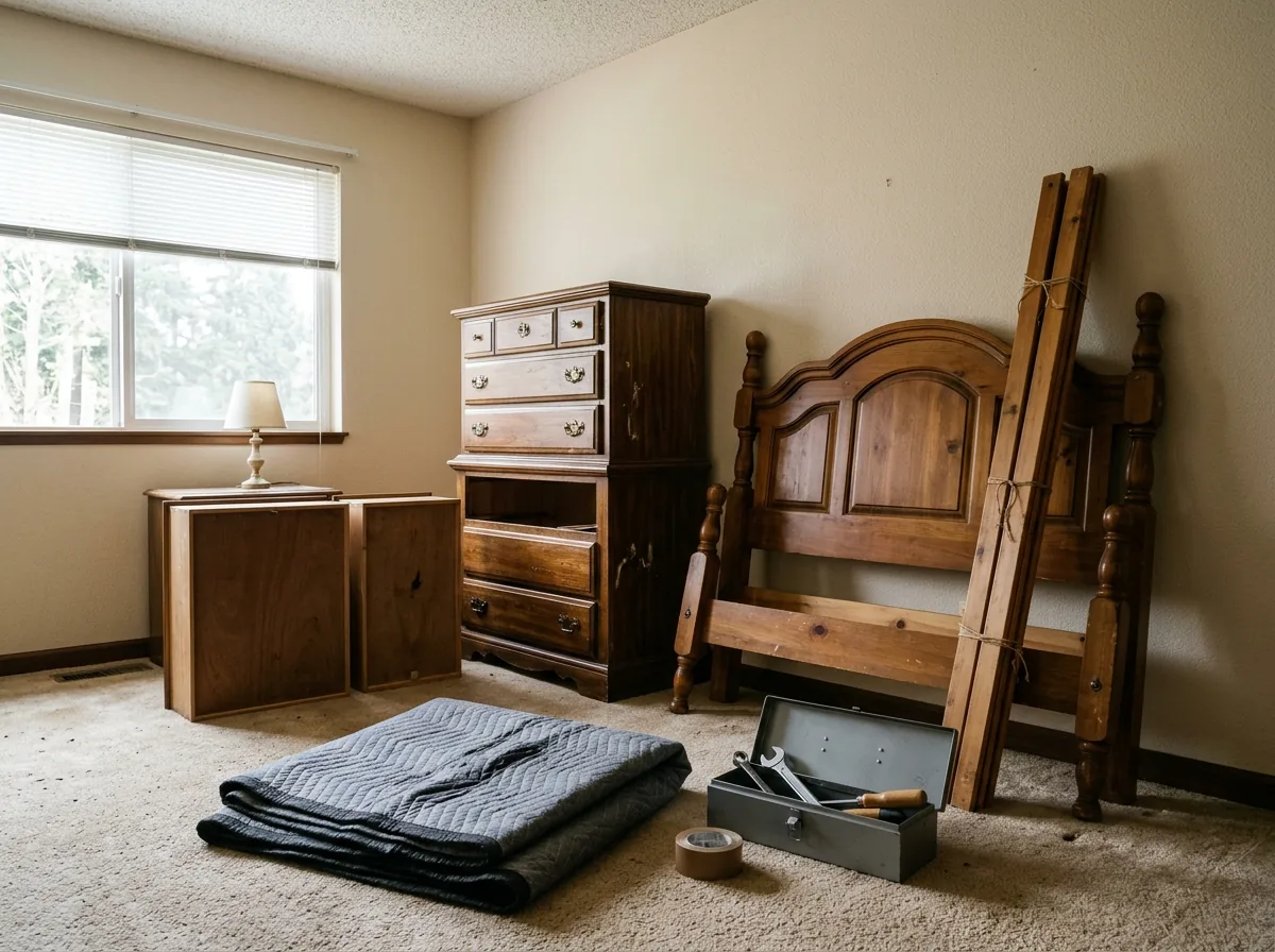 Tall oak dresser with two drawers pulled out next to a disassembled wooden bed frame leaning against a bedroom wall