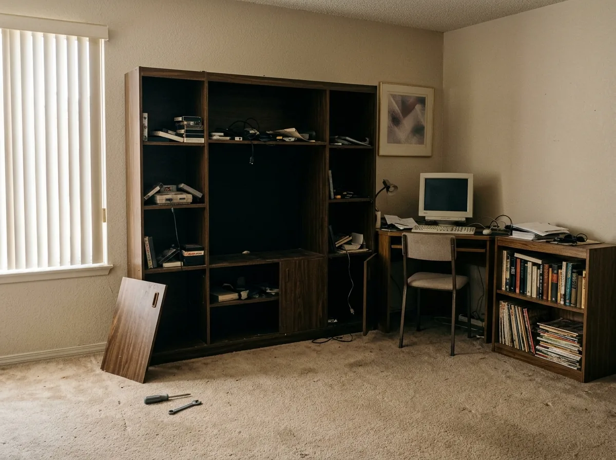 Large particleboard entertainment center with an empty TV cavity, next to a corner computer desk and a bookcase in a carpeted family room