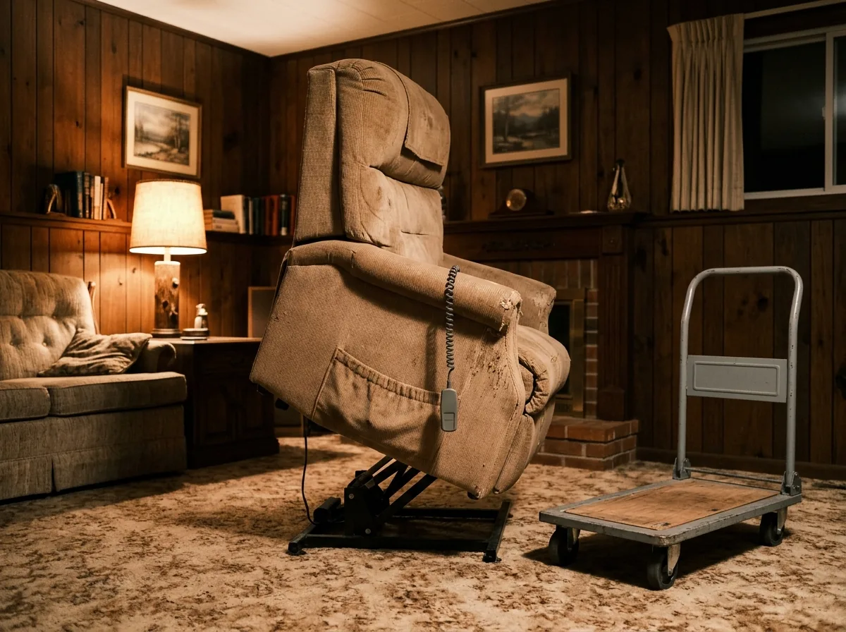 Worn power lift recliner in faded fabric in a small den, its hand remote cord draped over the arm