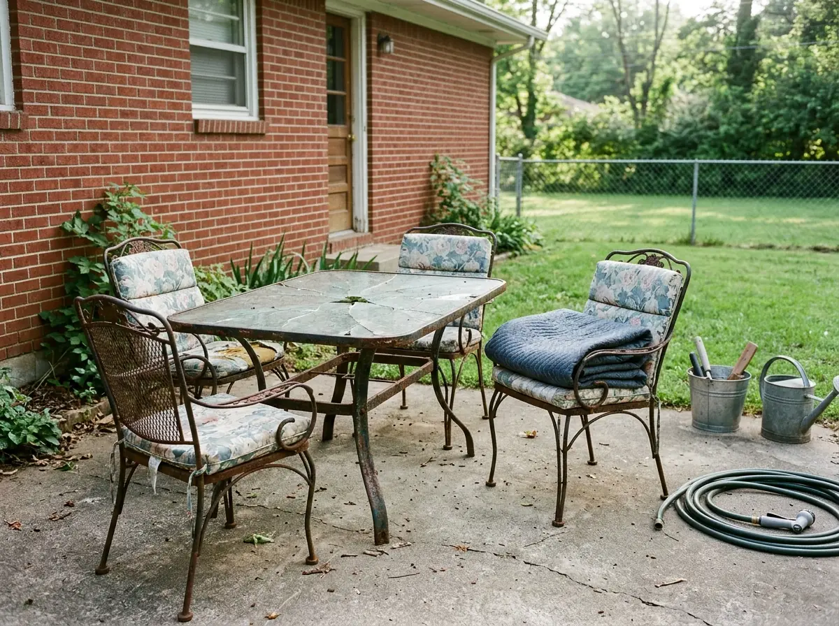 Rusted wrought iron patio table with a cracked glass top and four chairs with faded cushions on a brick ranch house back porch