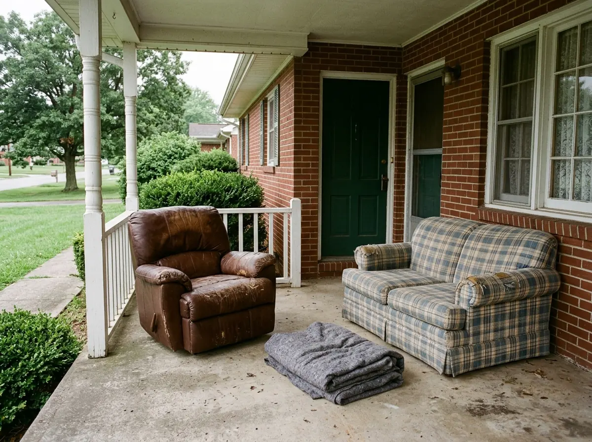 Worn brown leather recliner and faded plaid loveseat set out on a brick ranch house's front porch, a folded moving blanket beside them