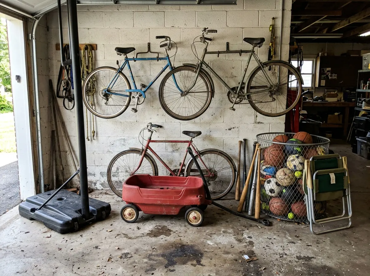 Garage wall with three old bicycles, a basketball hoop base, a plastic wagon and a bin of balls and bats