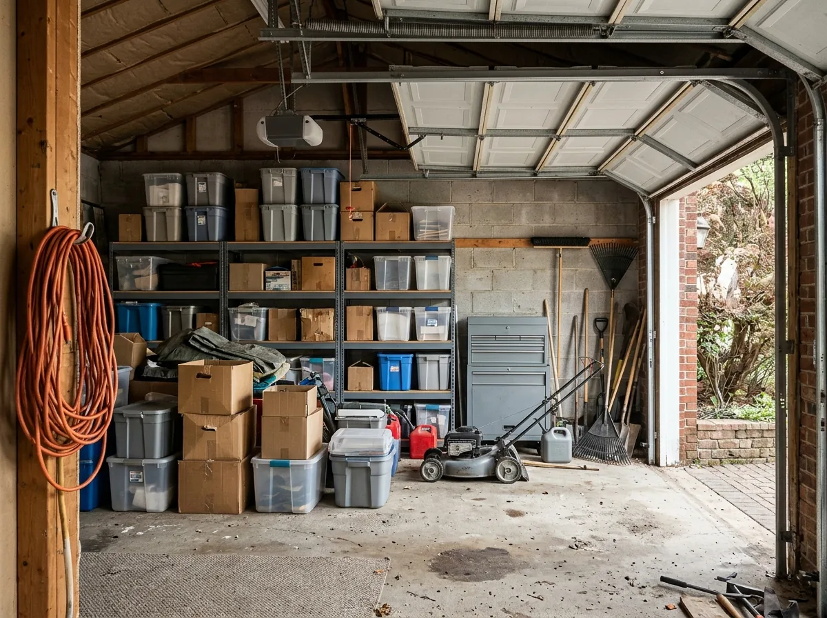 Two-car garage with metal shelving packed with plastic bins and cardboard boxes, more boxes stacked on the floor in front