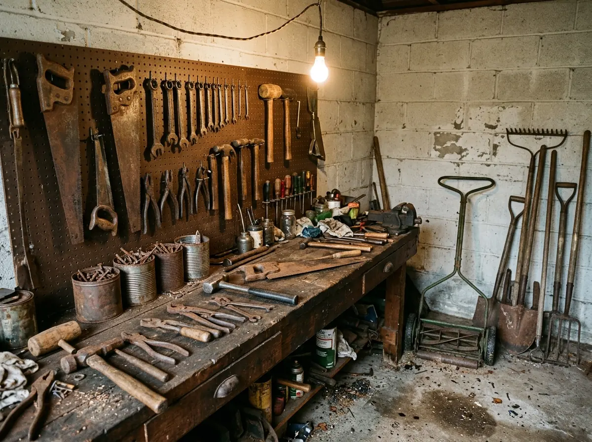 Wooden workbench with rusty hand tools, coffee cans of hardware, an old push mower and rakes leaning in a garage corner
