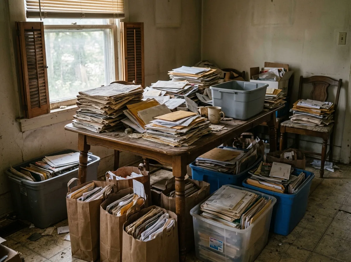 Dining table and floor covered in stacked newspapers, unopened mail and filled paper grocery bags