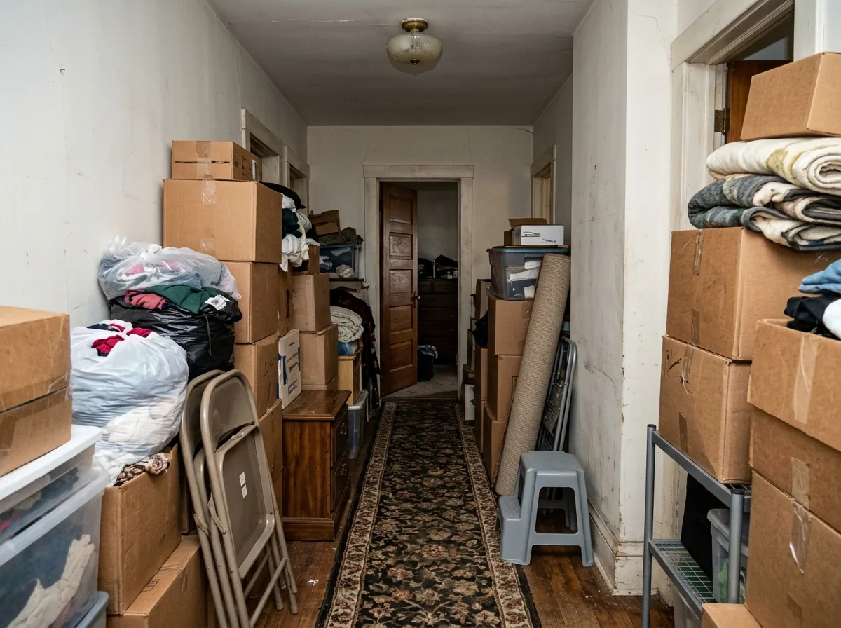 Narrow hallway lined with stacked boxes, bags of clothing and piled furniture, leaving a small path to a bedroom door