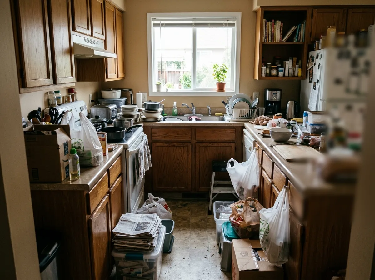 Small kitchen with counters stacked with dishes, small appliances and grocery bags, and bins and newspapers on the floor leaving a narrow path