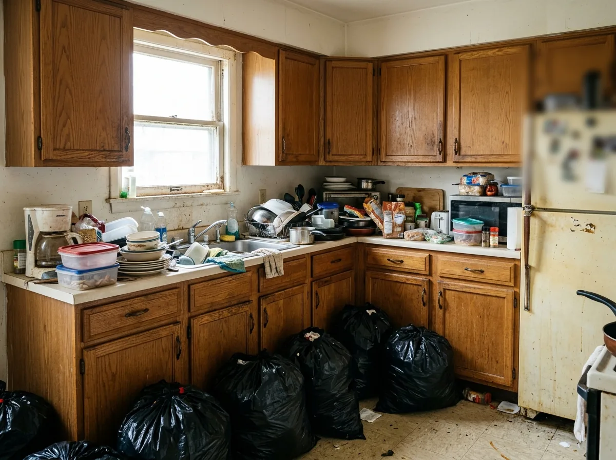 Small kitchen with every counter covered in dishes, food containers and grocery bags, and trash bags along the cabinets