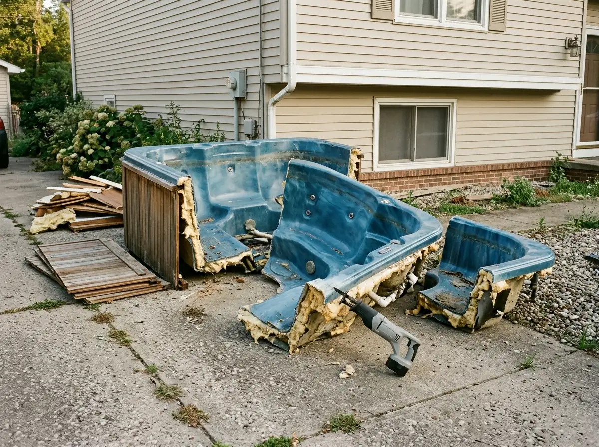 Old blue acrylic hot tub cut into three curved sections on a concrete driveway, its wooden skirt panels stacked to one side