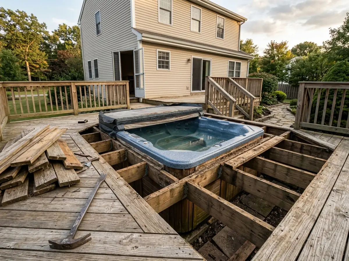 Hot tub set into a raised wooden deck with the surrounding deck boards pried up to expose the tub's rim and framing
