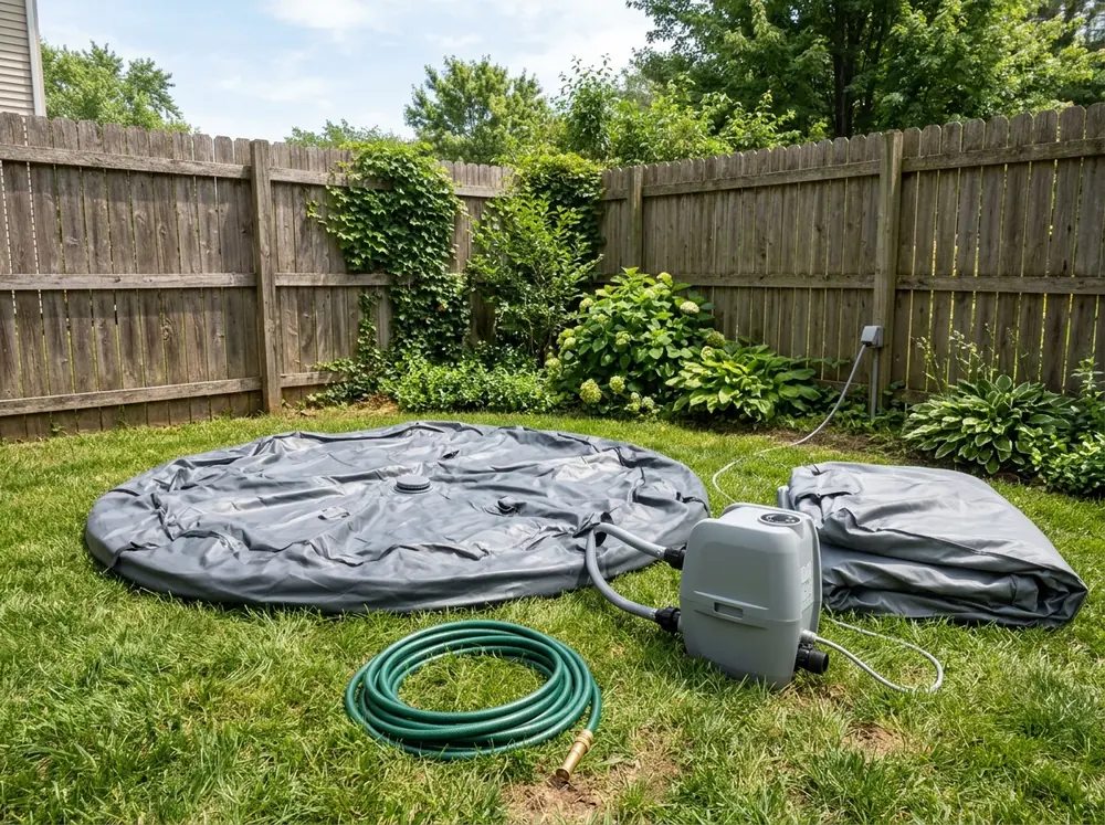 Deflated inflatable hot tub lying on a lawn with its pump and heater unit and folded cover beside it