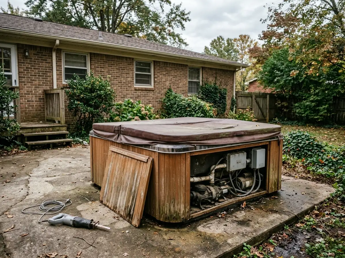 Old acrylic hot tub with a faded vinyl cover and weathered wood-look skirt panels sitting on a concrete patio behind a brick ranch house