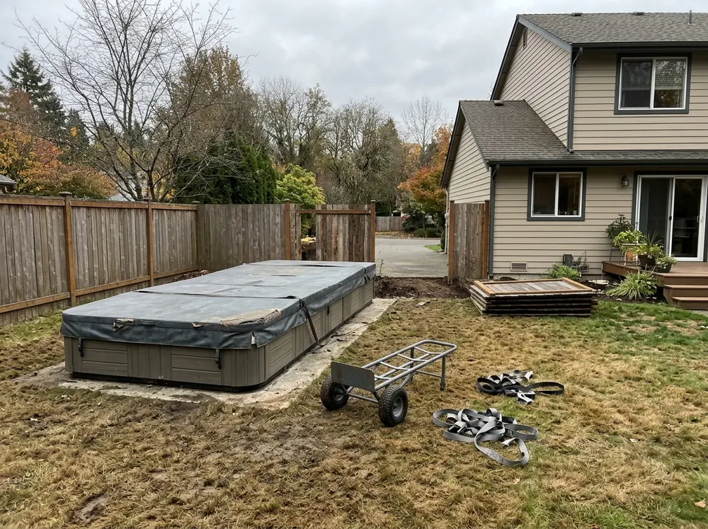 Long swim spa with a weathered cover in a fenced backyard beside a two-story house, a wide gap in the fence for access