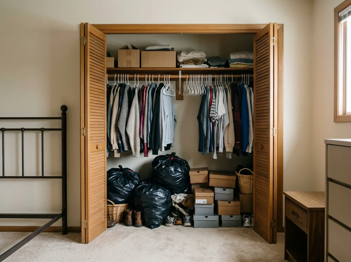 Bedroom closet with its doors open, clothes on hangers and full black trash bags and shoe boxes stacked on the carpet below