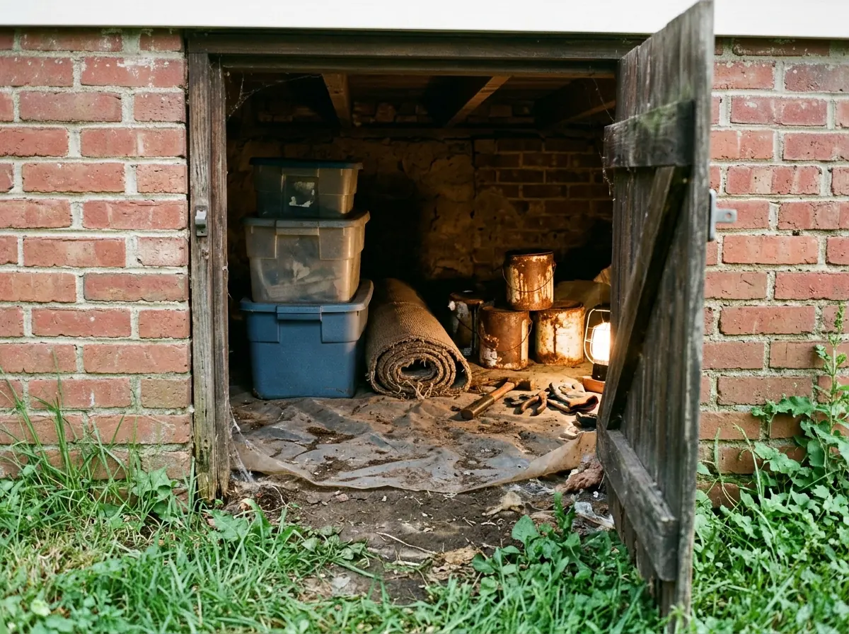 Low brick crawl space under a house with plastic storage bins, a rolled carpet and old paint cans on the dirt floor near the access door