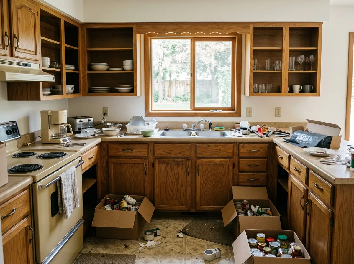 Kitchen with open oak cabinets, dishes and small appliances spread across the counters and boxes of pantry goods on the floor