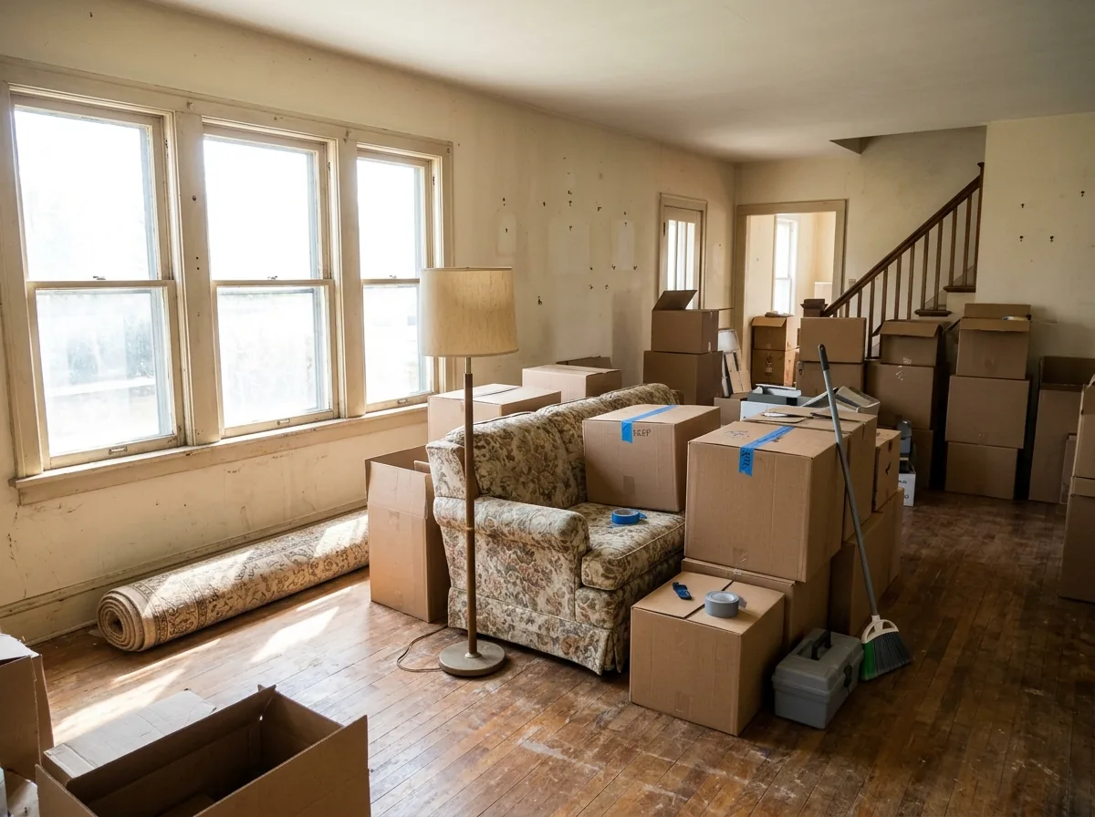 Living room in a dated two-story house with stacked moving boxes, a rolled rug, a floor lamp and a sofa pushed to the center of the room