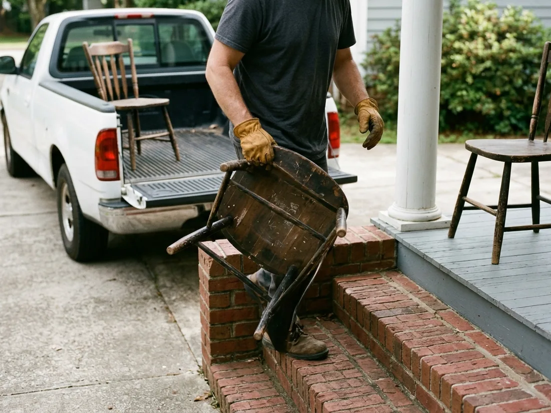 Gloved worker carrying an old wooden kitchen chair down brick porch steps toward a white pickup with another chair in the bed