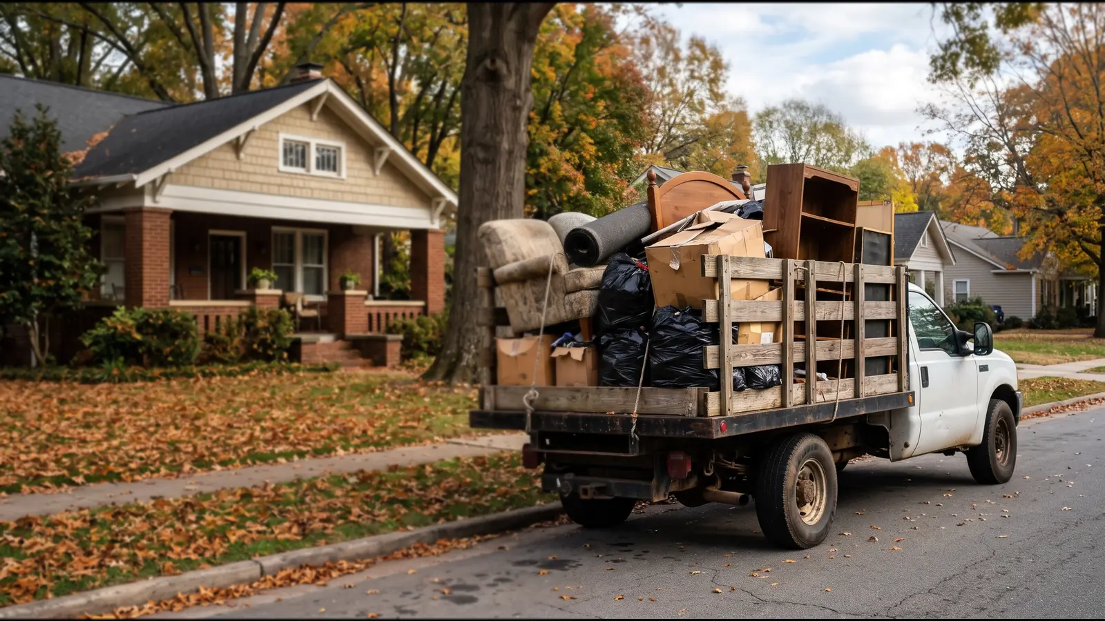 White stake-bed truck piled with an armchair, a rolled rug, a headboard, boxes and black bags, parked in front of a craftsman bungalow with autumn leaves on the lawn