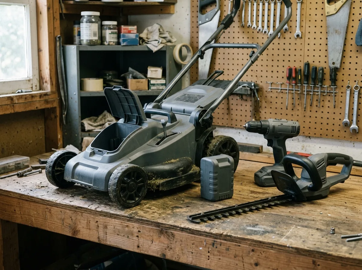 Plastic cordless lawn mower with its battery pack removed and set beside it on a garage workbench, next to a cordless drill
