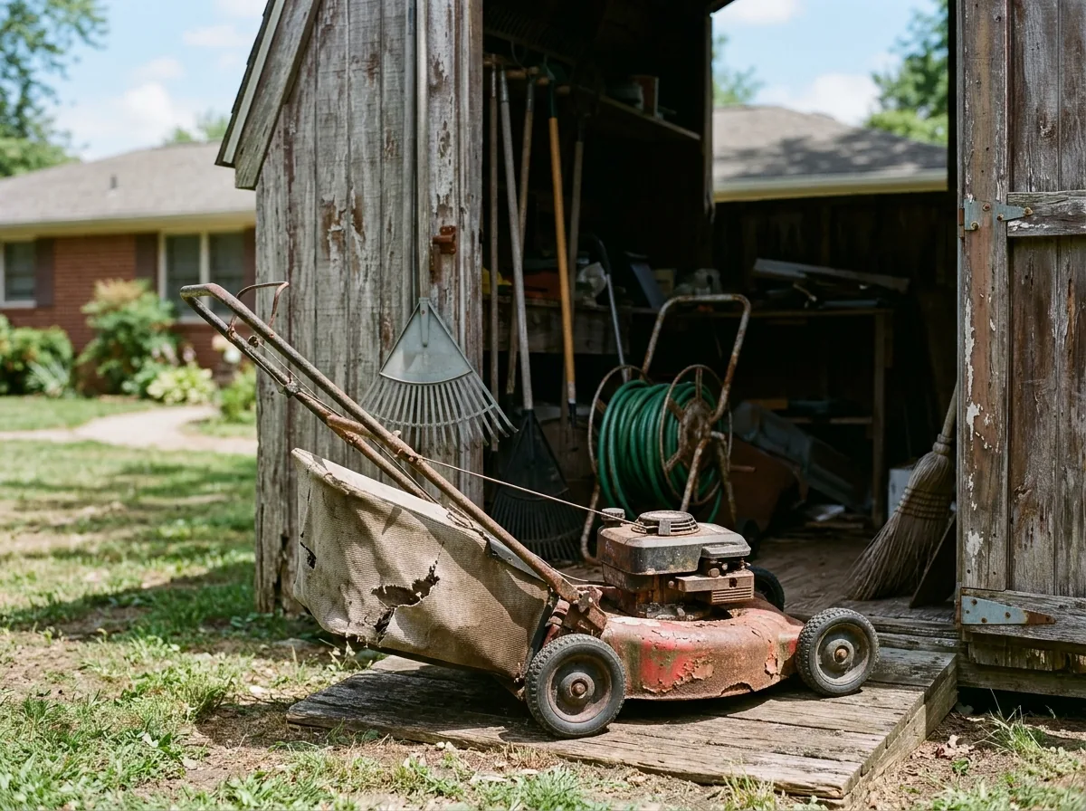 Old gas push mower with a rusted deck and a cracked grass bag parked in the doorway of a wooden backyard shed