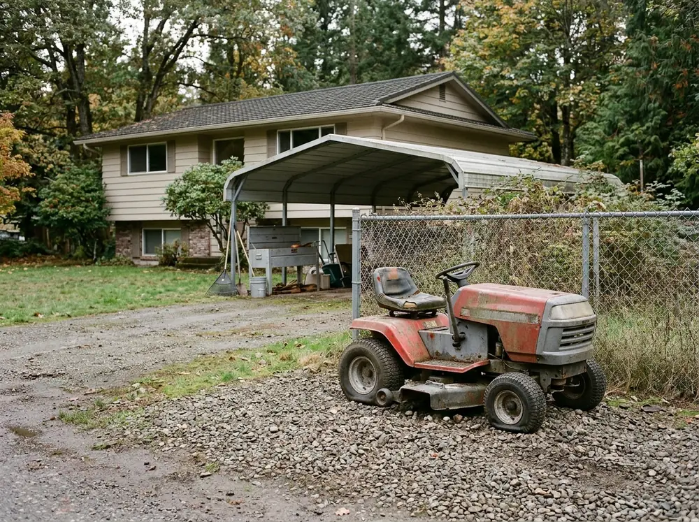 Faded riding lawn mower with a flat front tire parked at the back of a gravel driveway beside a chain-link fence