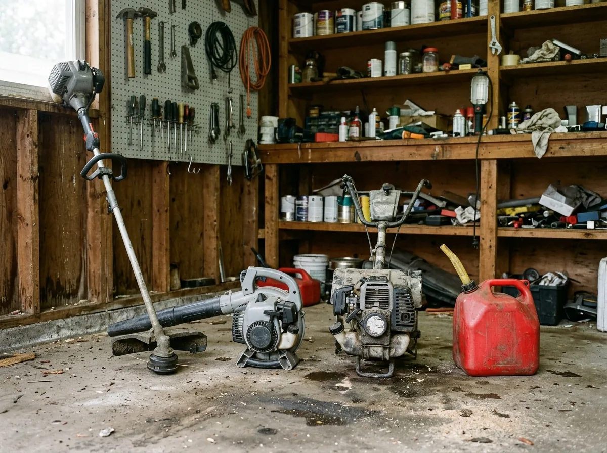 Gas string trimmer, a leaf blower and an old tiller engine lined up on the floor of a cluttered garage beside a red gas can