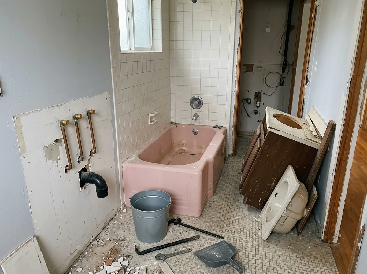 Bathroom with the vanity removed, capped supply lines on the wall and an old pink tub still in place