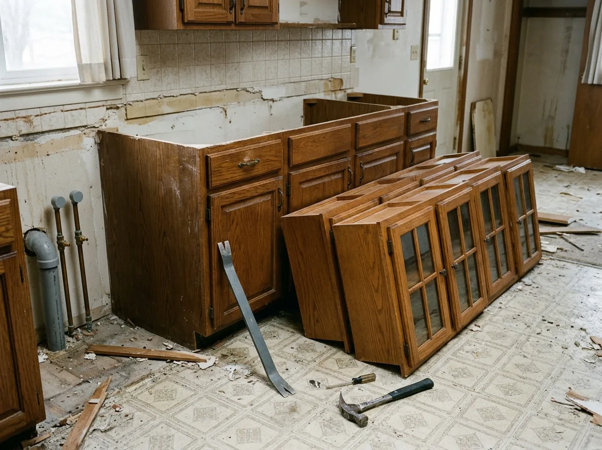 Old oak kitchen base cabinets pulled away from the wall with the countertop removed and exposed drywall behind