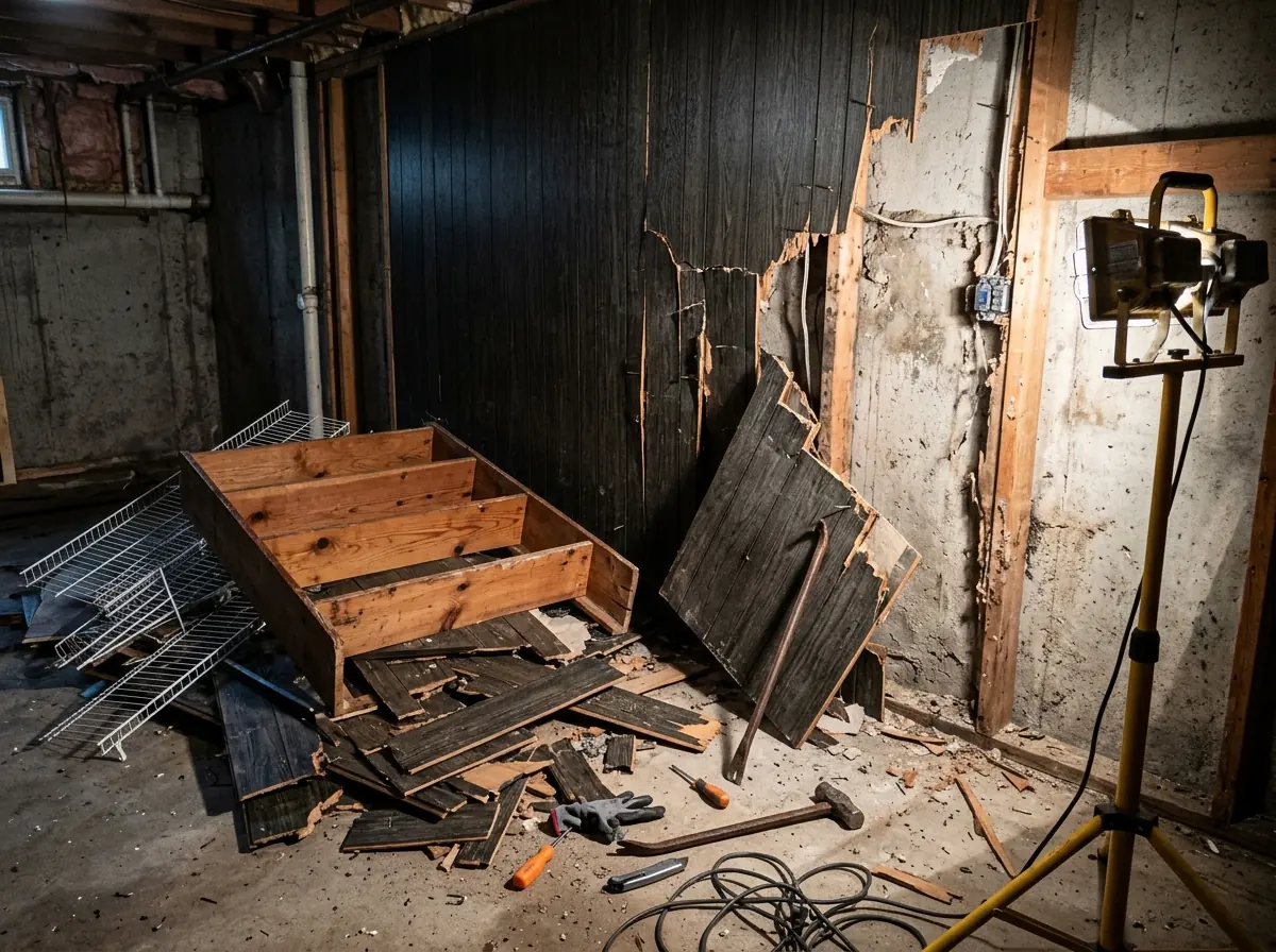 Dark wood paneling half pried off a basement wall, with a built-in bookshelf and wire closet shelving piled on the floor
