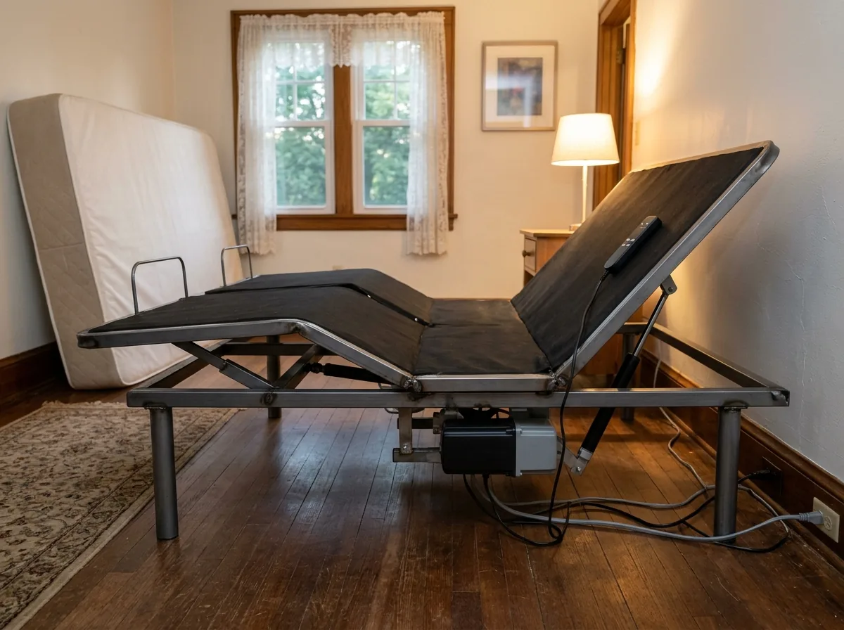 Steel adjustable bed base with its head section raised, a motor housing and cords visible underneath, in a bedroom with the mattress removed