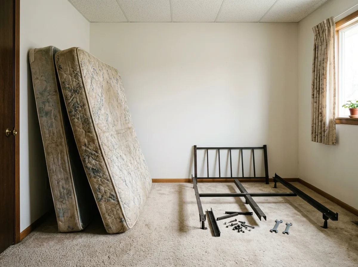 Worn queen innerspring mattress and box spring leaning against the wall of a carpeted bedroom with the bed frame taken apart beside them