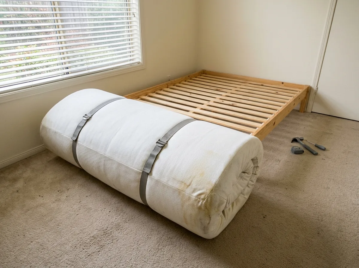 Memory foam mattress partly rolled and strapped on a bedroom floor, its white cover visibly stained at one corner