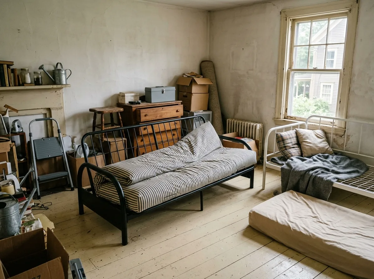 Thin futon mattress folded over a black metal futon frame next to a white daybed and a small crib mattress in a spare room