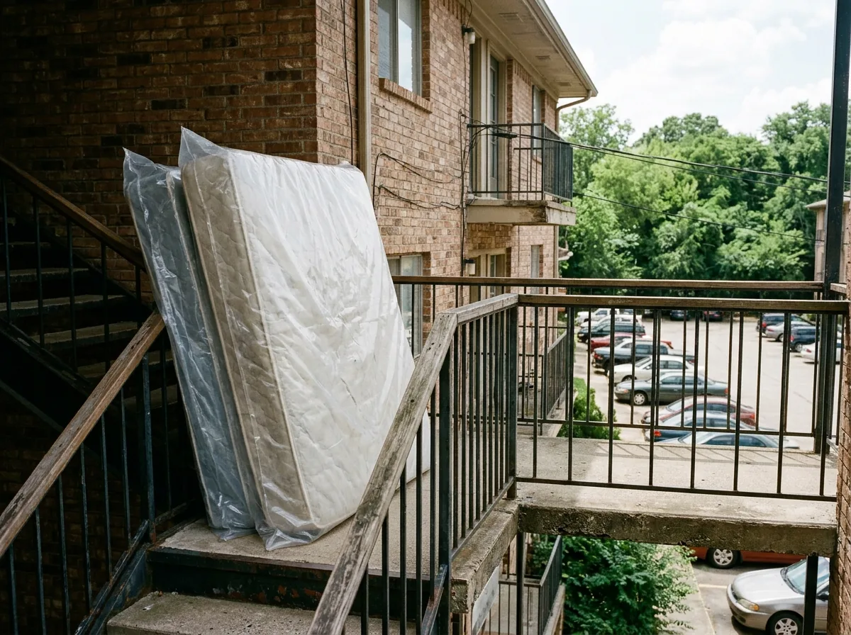 Old queen mattress sealed in a clear plastic bag leaning on the railing of a brick apartment building's outdoor stairwell