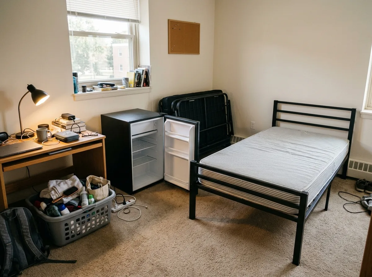 Folded black futon frame, a mini fridge with its door open, a desk lamp and a laundry basket in a carpeted bedroom