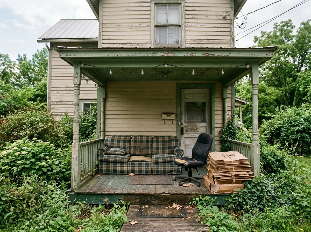 Front porch of an older frame rental house with a sagging plaid couch, a broken desk chair and a stack of flattened boxes
