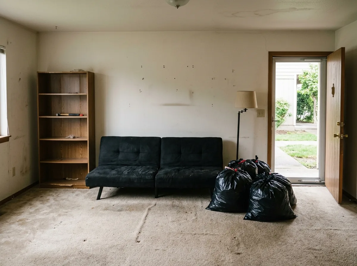 Student apartment living room at move-out with a worn futon, a particleboard bookshelf, a lamp and full trash bags by the door