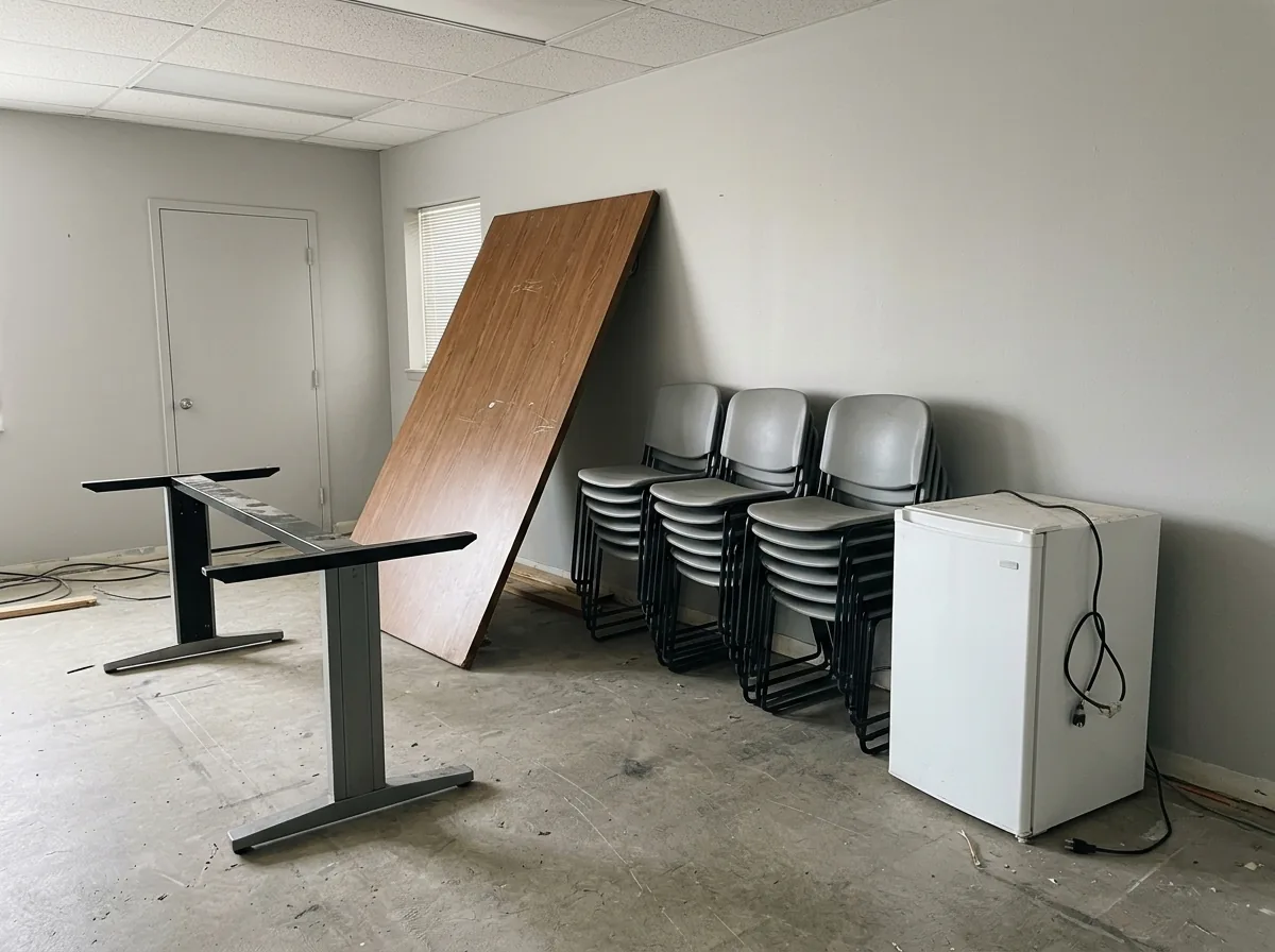 Long laminate conference table with its top lifted off the base, stacked meeting chairs, and a small break room refrigerator