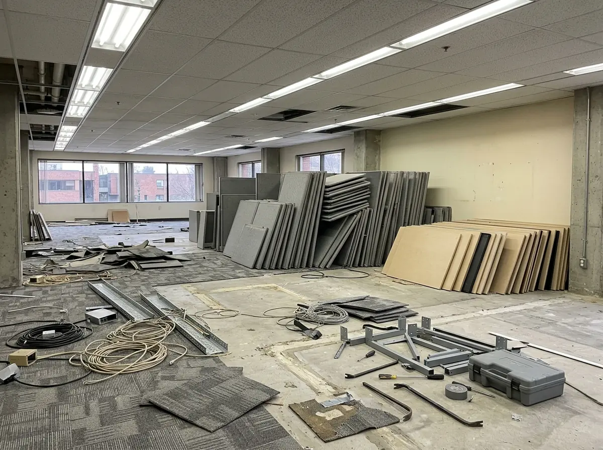 Gray fabric cubicle panels unbolted and stacked against a wall in an emptied open-plan office, worksurfaces leaning beside them