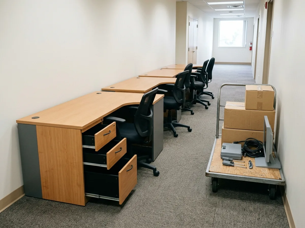 Row of laminate L-shaped desks and mismatched black task chairs pushed together in an office hallway, drawers pulled out