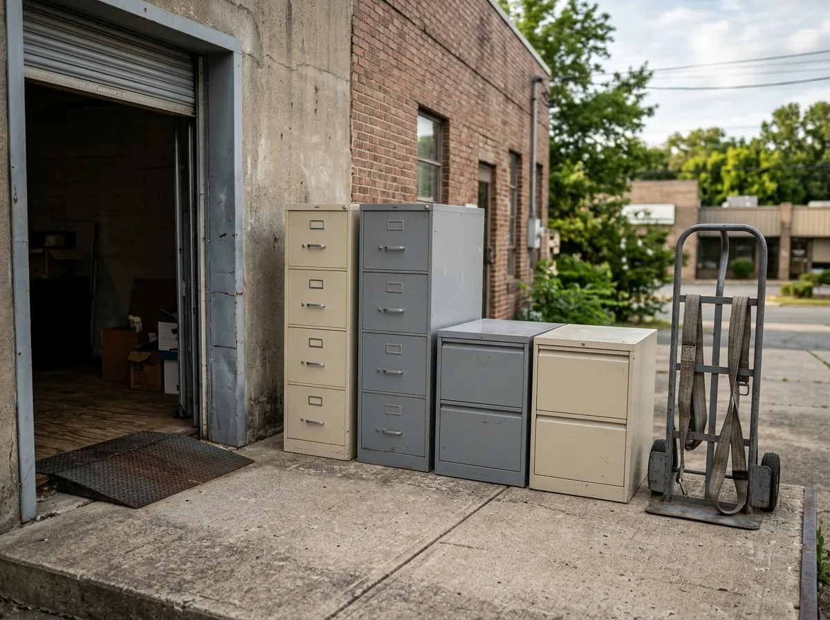 Four-drawer and lateral steel filing cabinets lined up by a loading door, a hand truck and moving straps beside them