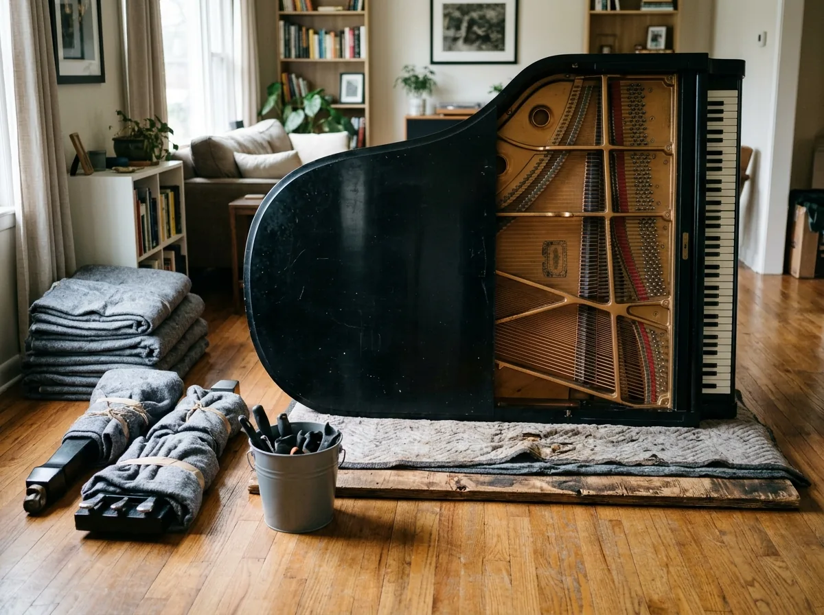 Black baby grand piano with its lid removed and legs detached, the body on its side on a padded board