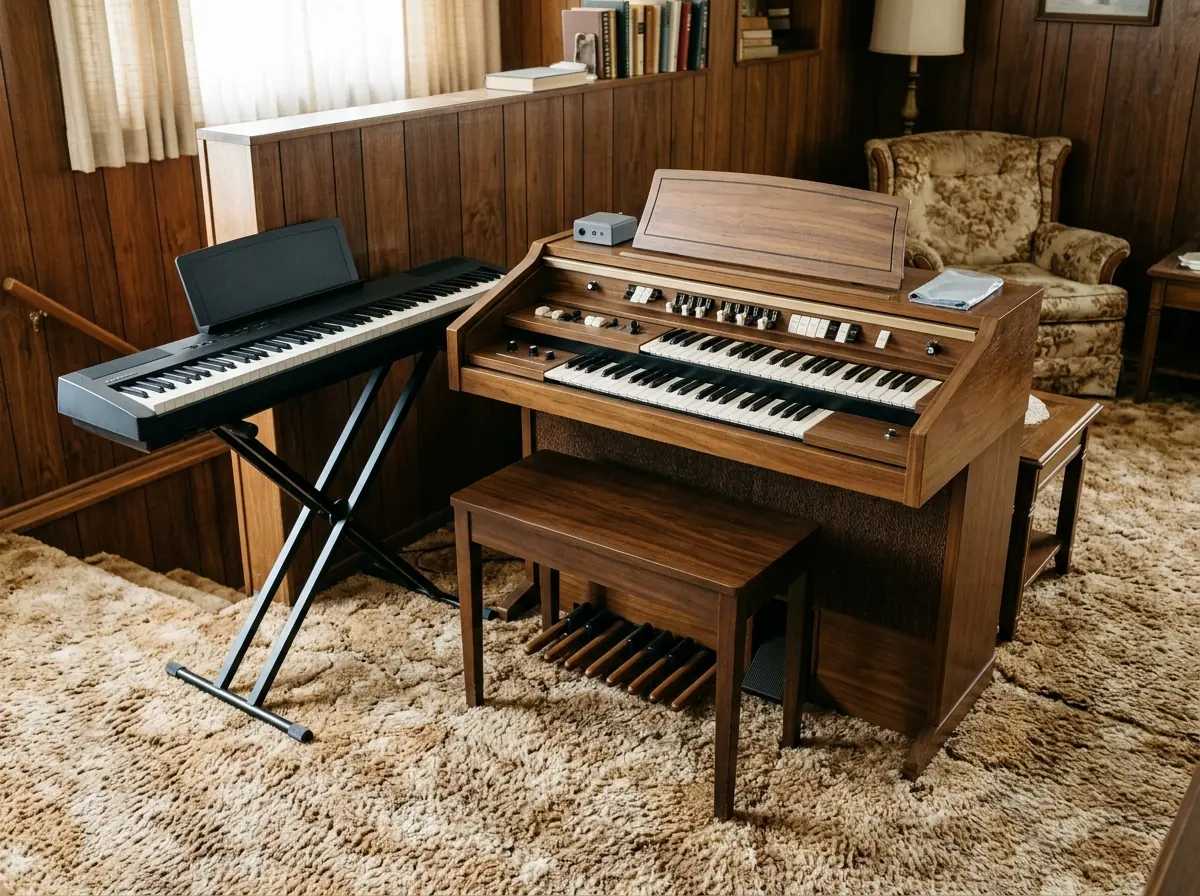 Wood-grain electric home organ with two keyboards and a pedalboard, and a digital piano on a stand beside it