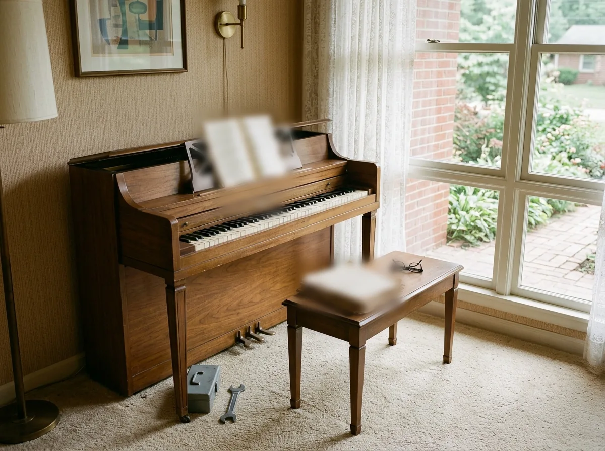 Small walnut spinet piano against the wall of a carpeted living room, its bench and a stack of sheet music beside it