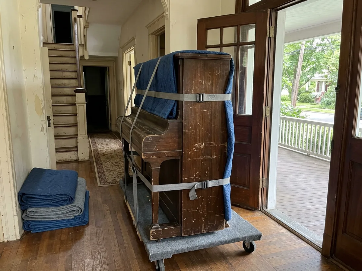 Tall dark upright piano with a scratched finish strapped to a piano dolly in a hallway near a front door
