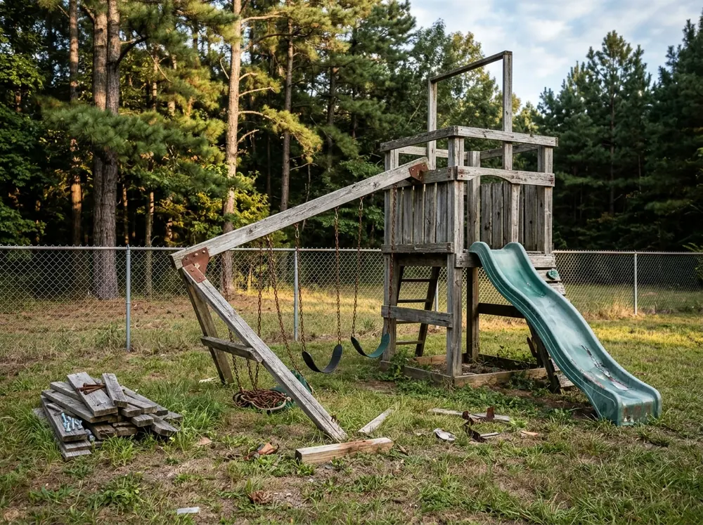 Weathered wooden swing set and fort partly taken apart in a backyard, the swing beam lowered and boards stacked on the grass